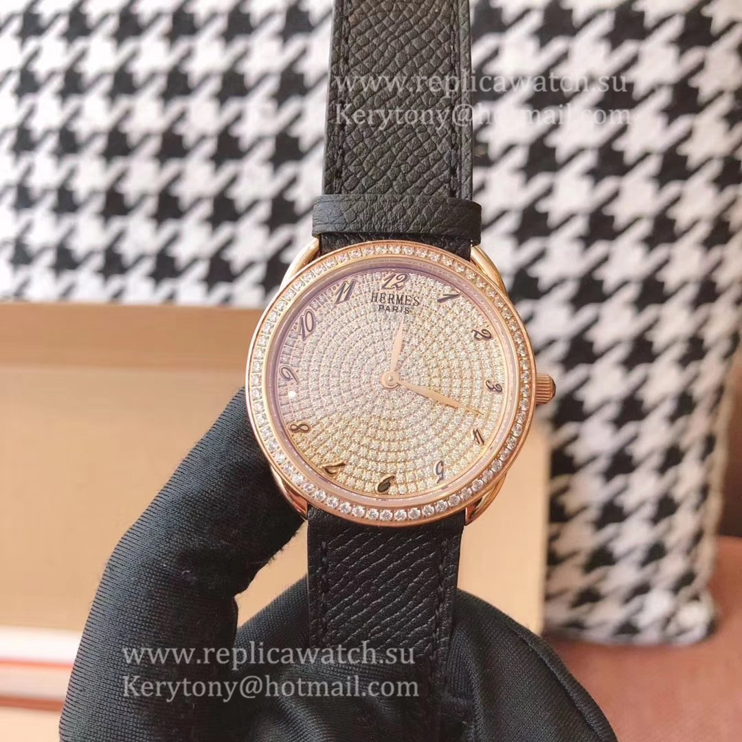 Perfect Replica H**me5 Arceau 36mm Ladies Z6F Rose Gold & D1am0nd D1am0nd Dial Quartz (Box included)