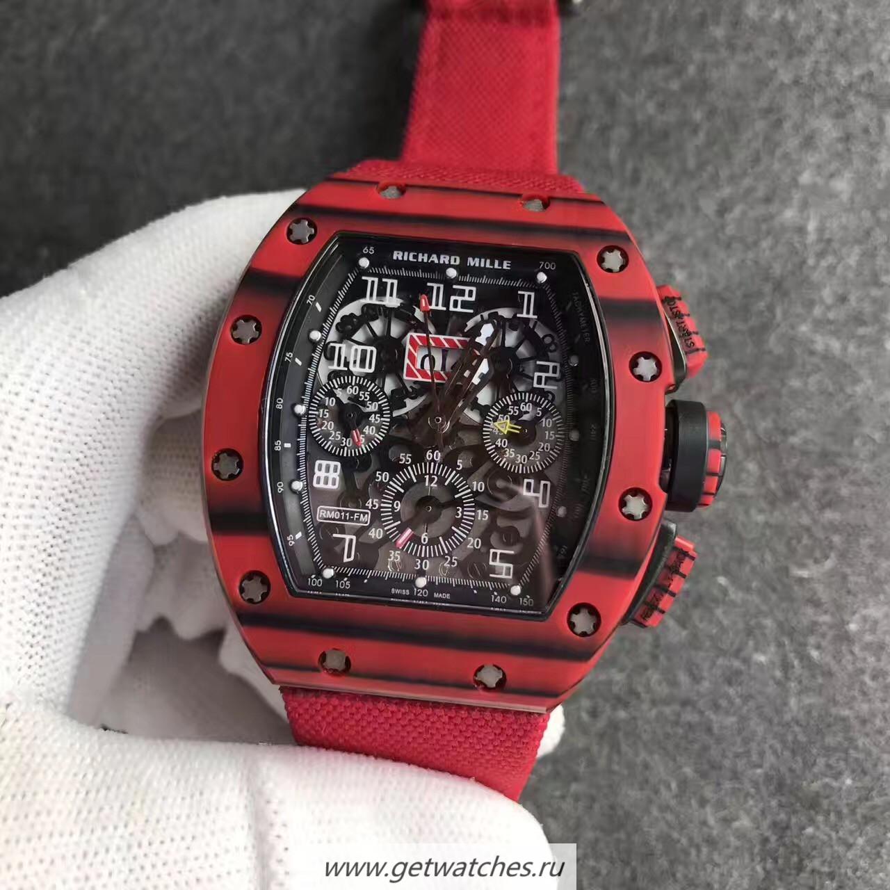 Replica Richard Mille RM011 Red QTPT Flyback Chrono KVF Red Forged Carbon Black Skeleton Dial 7750