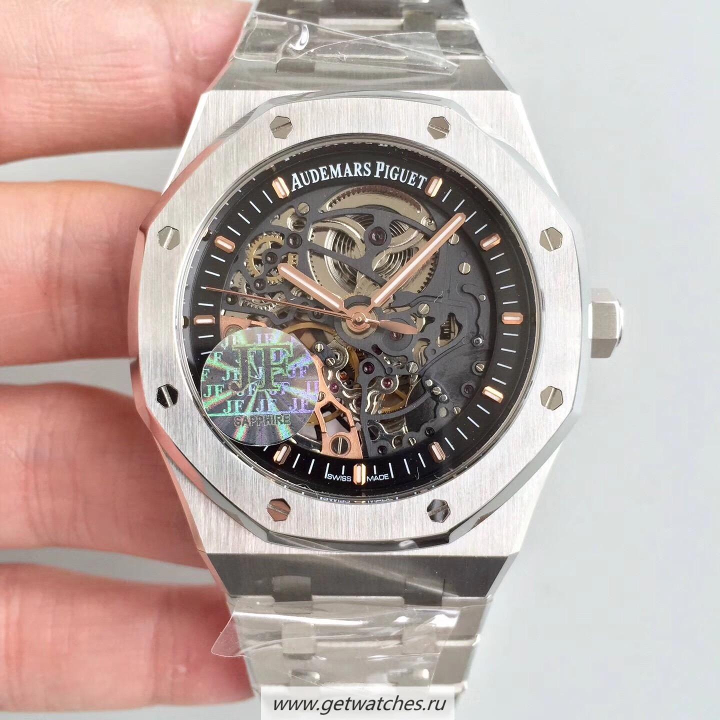 Replica Audemars P1g*et Royal Oak Double Balance Wheel Openworked 15407 JF SS Black Skeleton Dial 3132